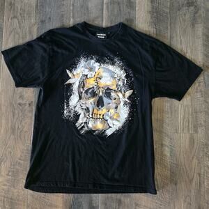 Super Massive Mens Skull Floral Hummingbird Graphic Tee XL Black Gothic